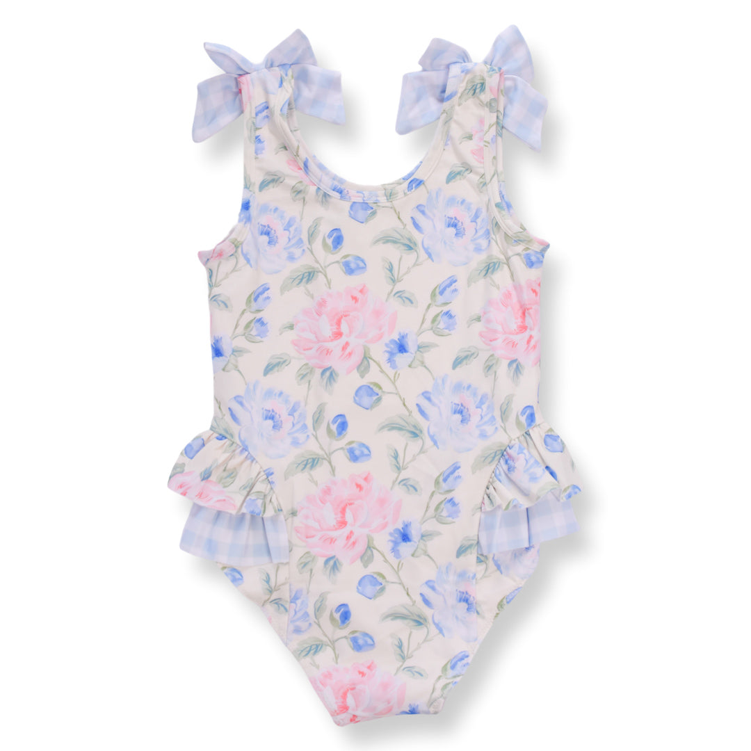Girls Yellow Floral One-Piece Swimsuit with Gingham Bows