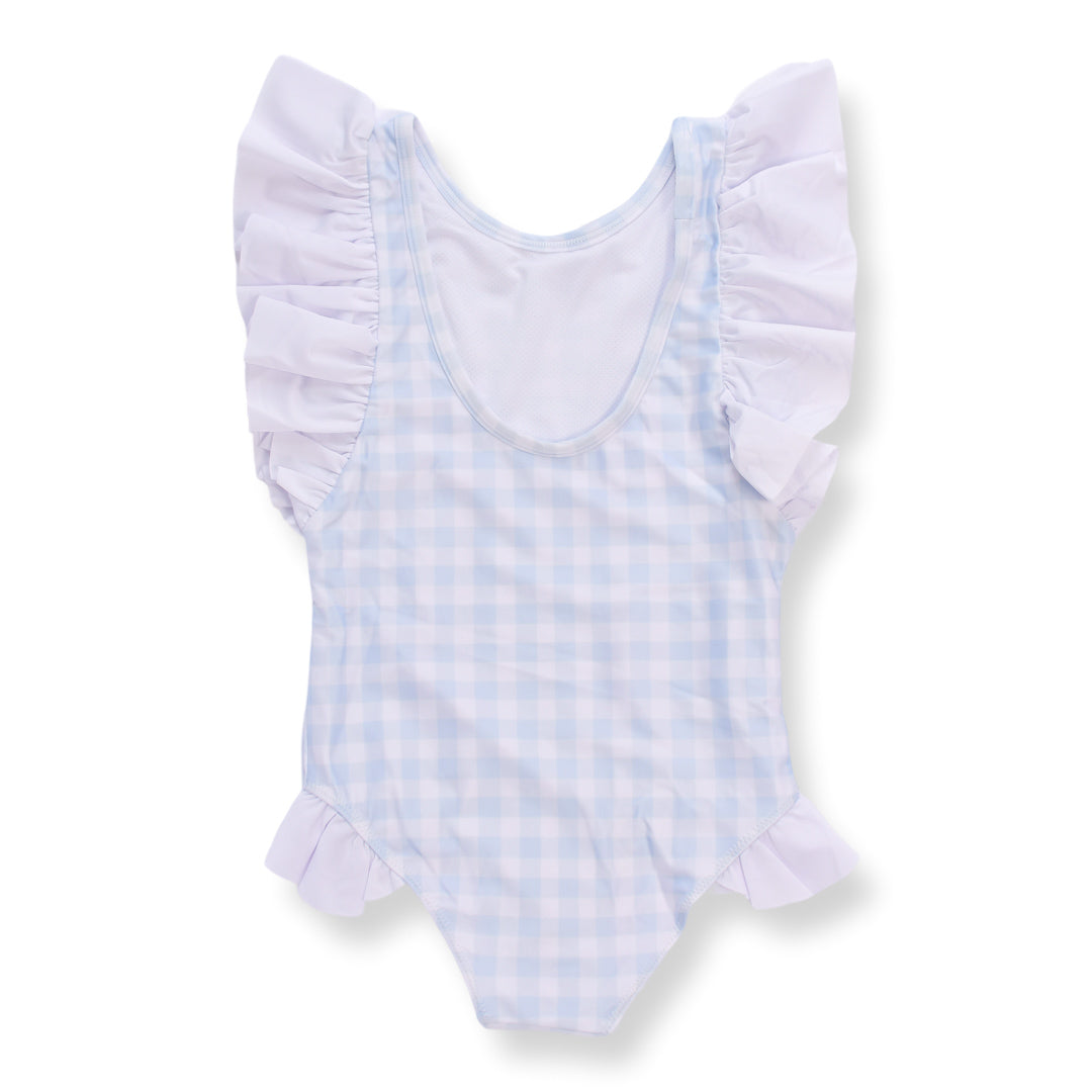 Girls Blue Gingham Swimsuit with Ruffle Sleeves
