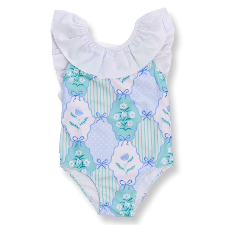 Girls Floral Medallion Swimsuit with White Ruffle Collar