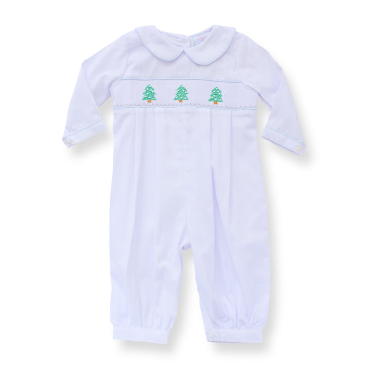 Boys Pale Blue Christmas Tree Smocked Romper