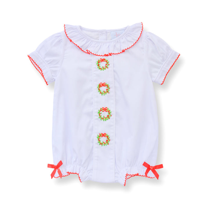 PRE-ORDER Girls Red and Green Wreath Smocked Bubble