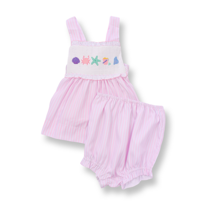 Pink Seersucker Smocked Seashell Diaper Set