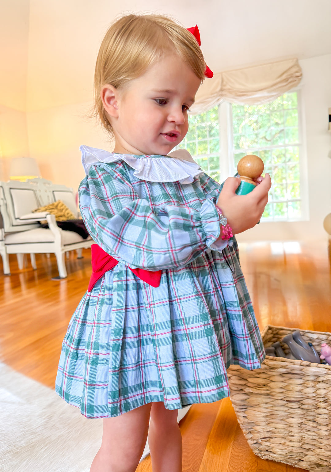 PRE-ORDER Girls Green Tartan Diaper Set with Red Bows