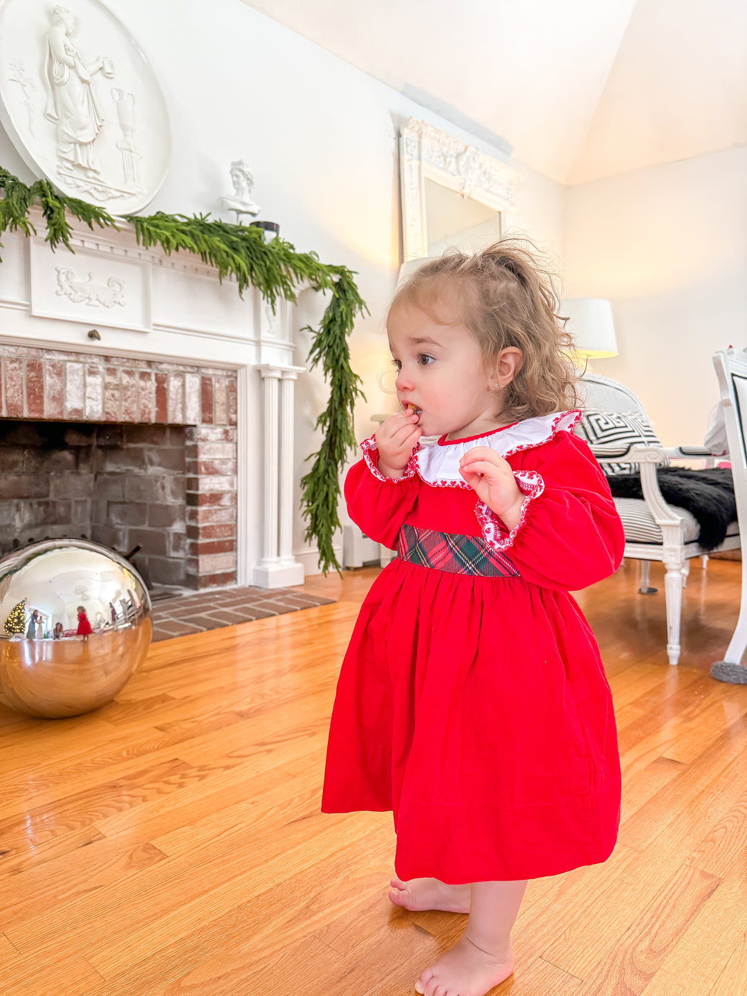 PRE-ORDER Girls Red Corduroy Christmas Dress with Tartan Bow