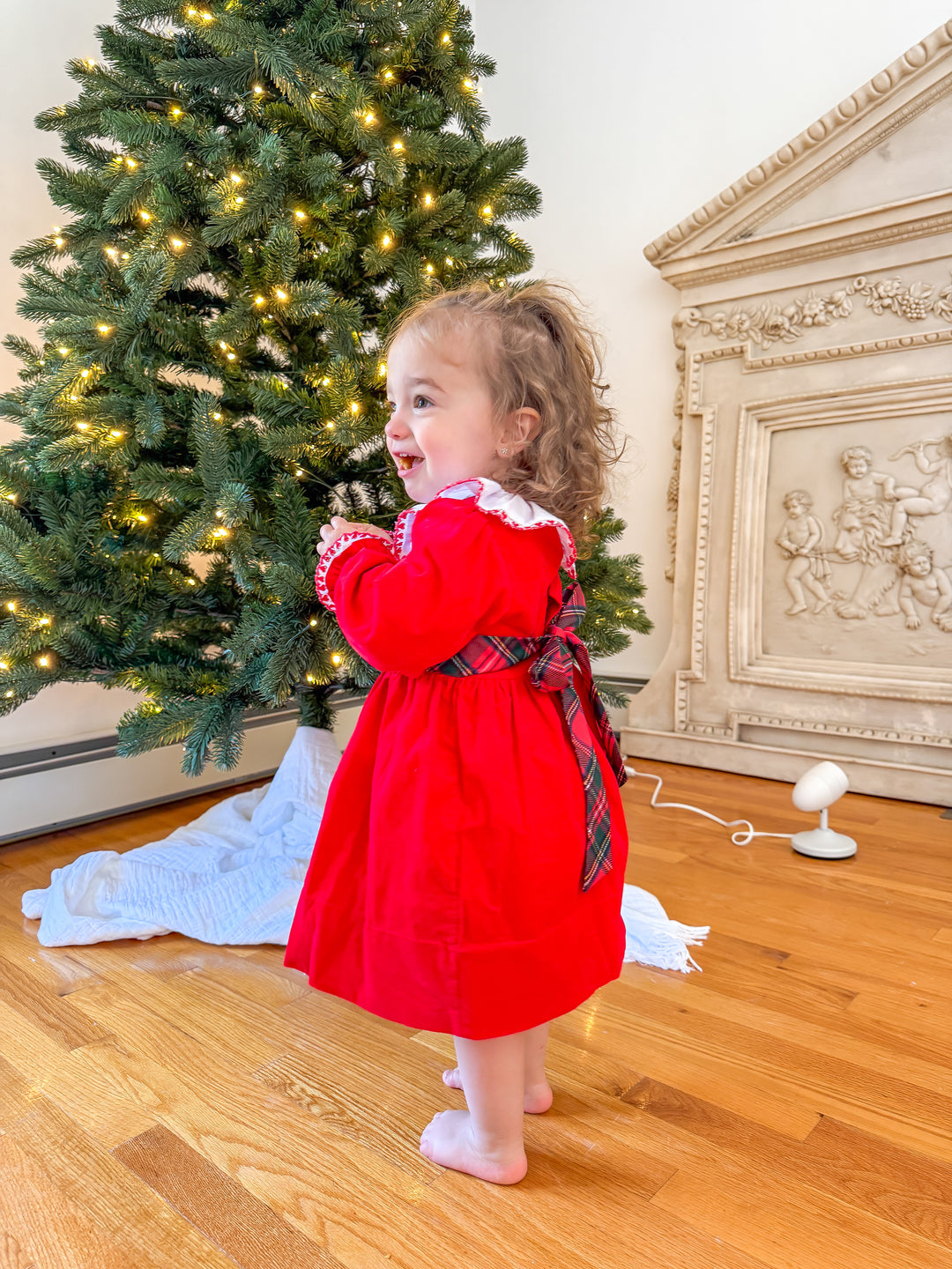 PRE-ORDER Girls Red Corduroy Christmas Dress with Tartan Bow