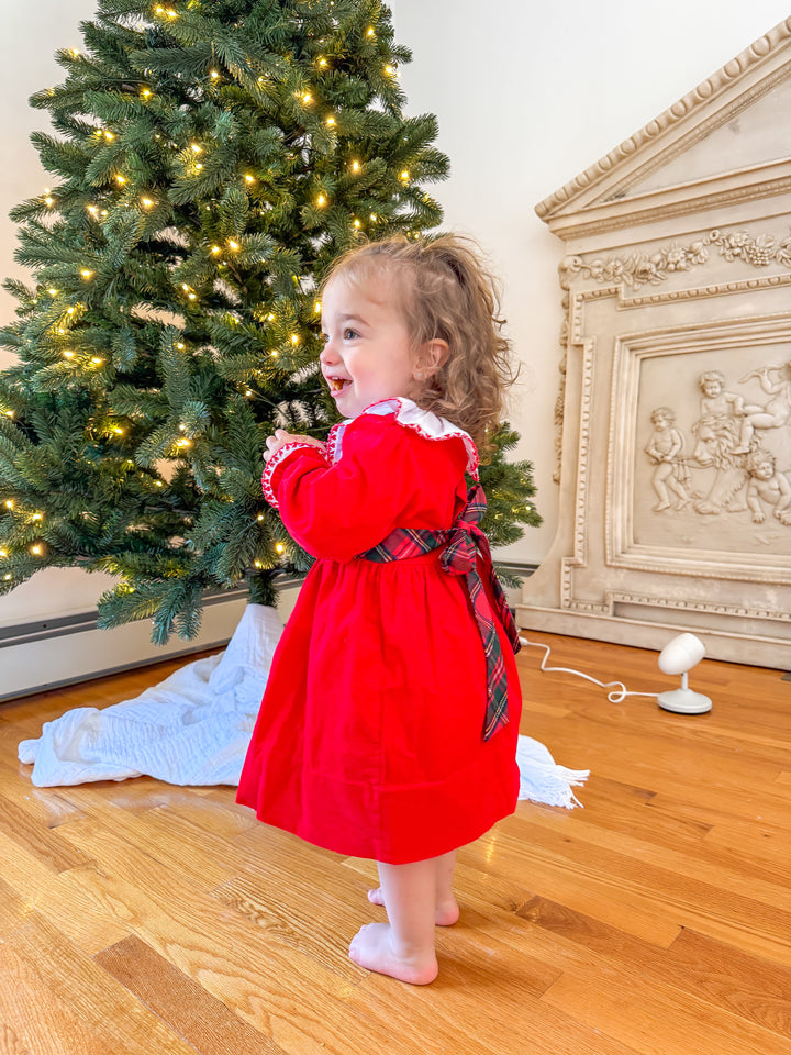 PRE-ORDER Girls Red Corduroy Christmas Dress with Tartan Bow