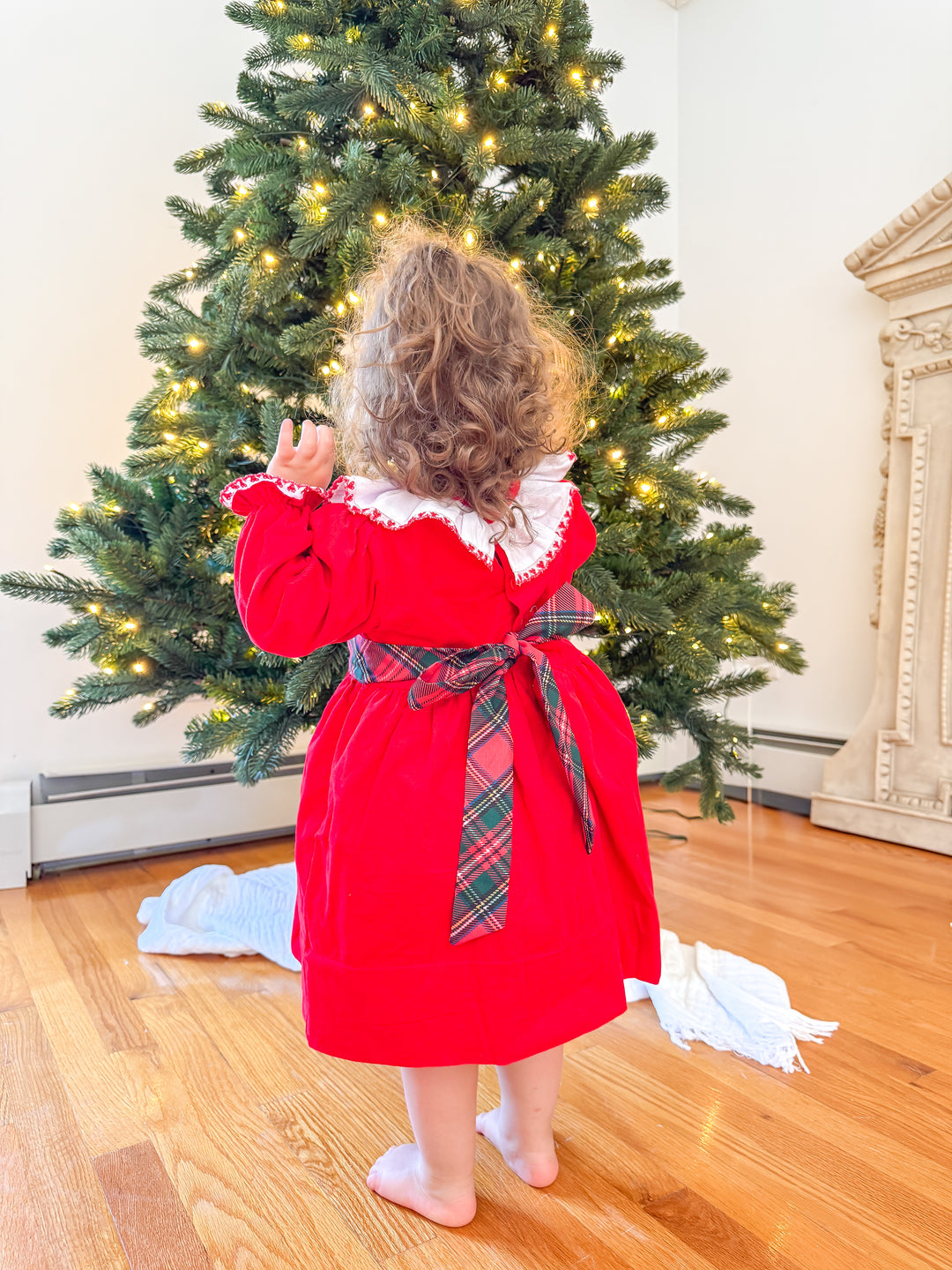 PRE-ORDER Girls Red Corduroy Christmas Dress with Tartan Bow