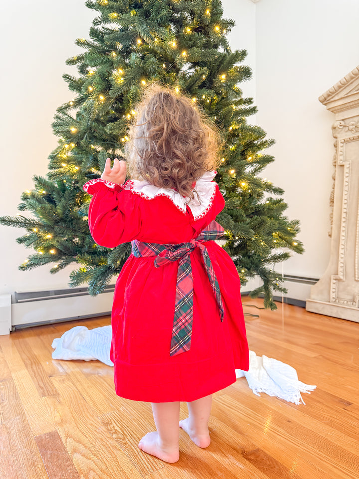 PRE-ORDER Girls Red Corduroy Christmas Dress with Tartan Bow