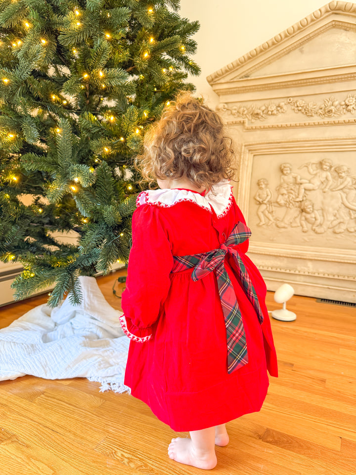 PRE-ORDER Girls Red Corduroy Christmas Dress with Tartan Bow