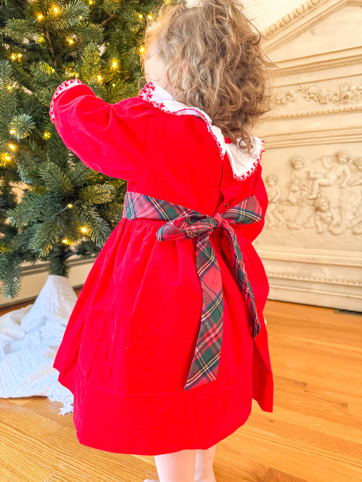 PRE-ORDER Girls Red Corduroy Christmas Dress with Tartan Bow