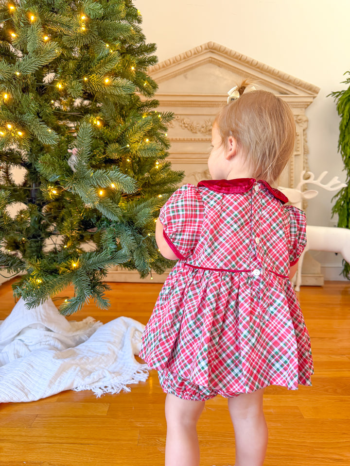 PRE-ORDER Girls Christmas Plaid Smocked Diaper Set with Burgundy Trim