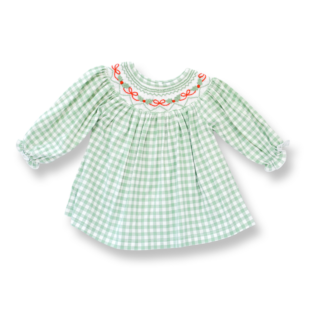 white christmas dresses Pink Knit Christmas Wreath Smocked Short Sleeve Bishop Dress 3M main image 1