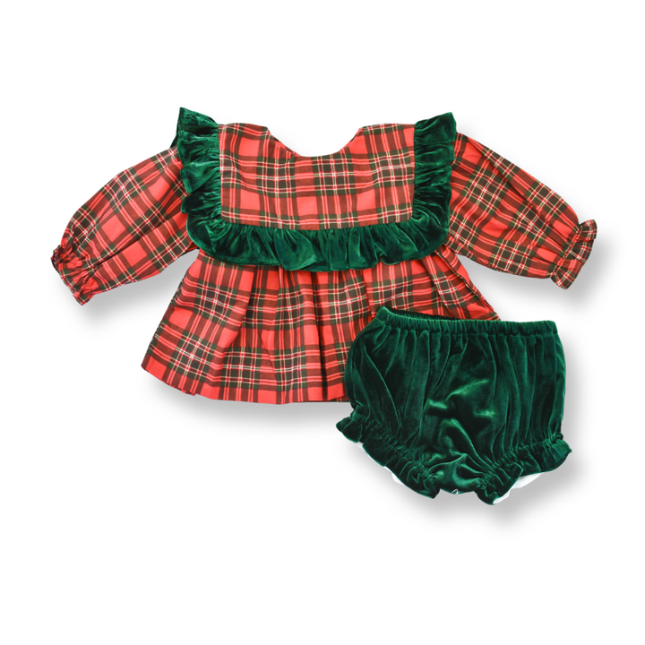 Francesca Red Holiday Plaid Smocked Diaper Set