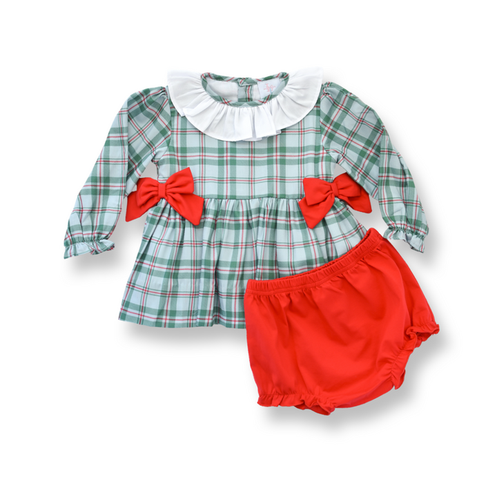 PRE-ORDER Girls Green Tartan Diaper Set with Red Bows