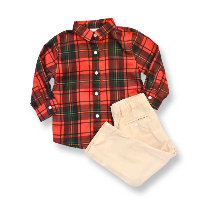 PRE-ORDER Boys Red Tartan Button Down Shirt and Pant Set