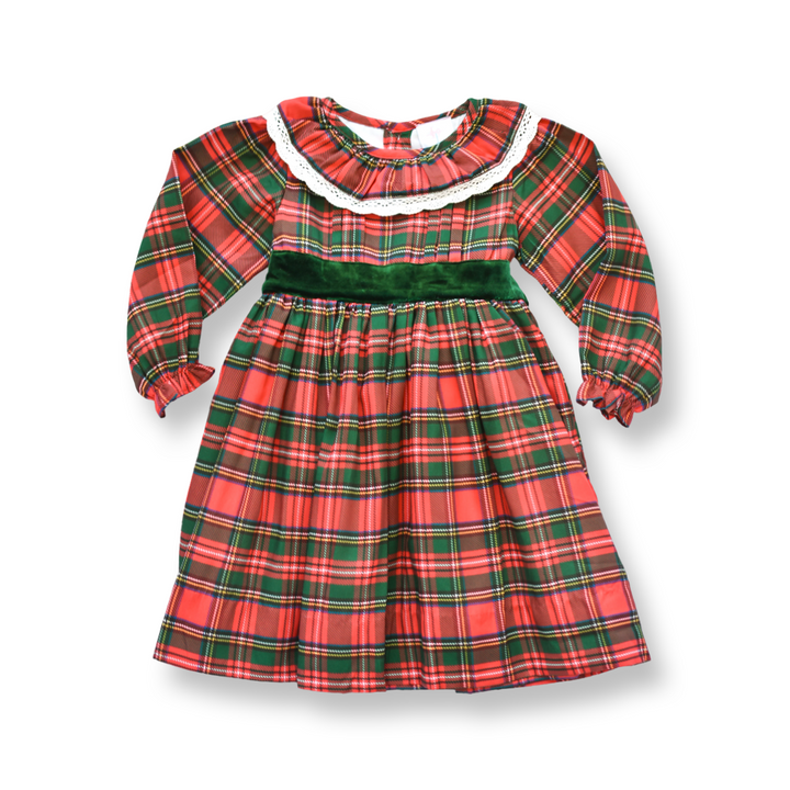 PRE-ORDER Girls Christmas Tartan with Green Velvet Bow Smocked Dress