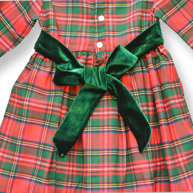PRE-ORDER Girls Christmas Tartan with Green Velvet Bow Smocked Dress