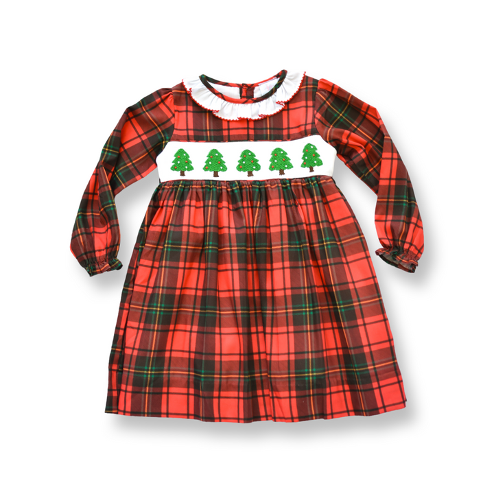 PRE-ORDER Girls Red Plaid Christmas Tree Smocked Dress