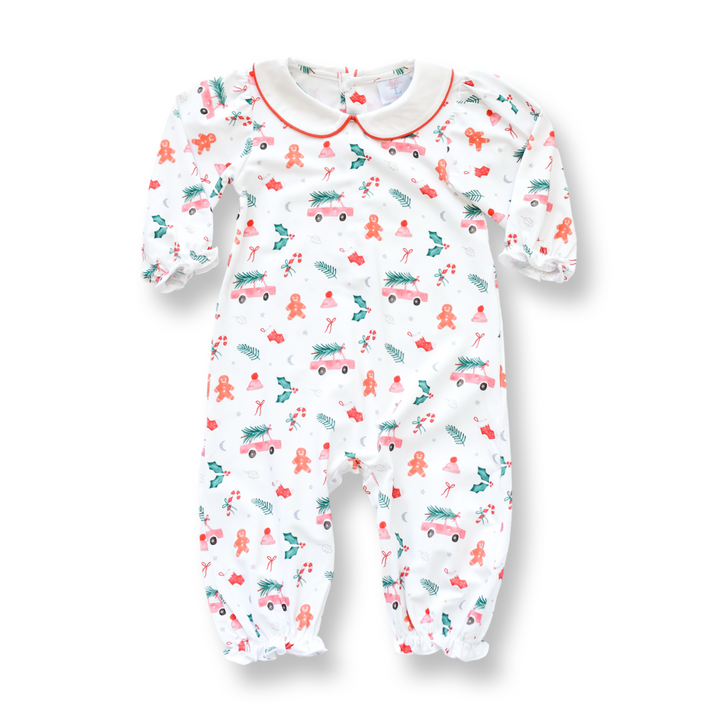 PRE-ORDER Girls Christmas Print Romper with Red Trim Collar