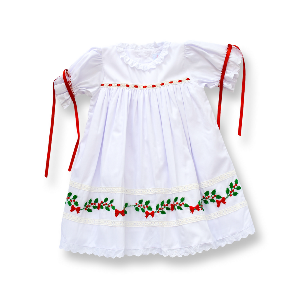 Girls White Heirloom Christmas Dress with Red Satin Bows Lillie & Lilah Girls White Heirloom Christmas Dress with Red Satin Bows Lillie & Lilah