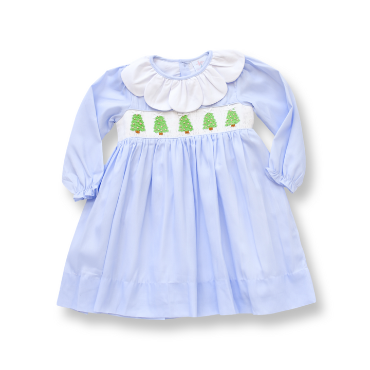 PRE-ORDER Girls Christmas Tree Light Blue Smocked Dress