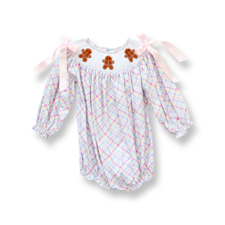 PRE-ORDER Girls Gingerbread Pink Gingham Smocked Bubble