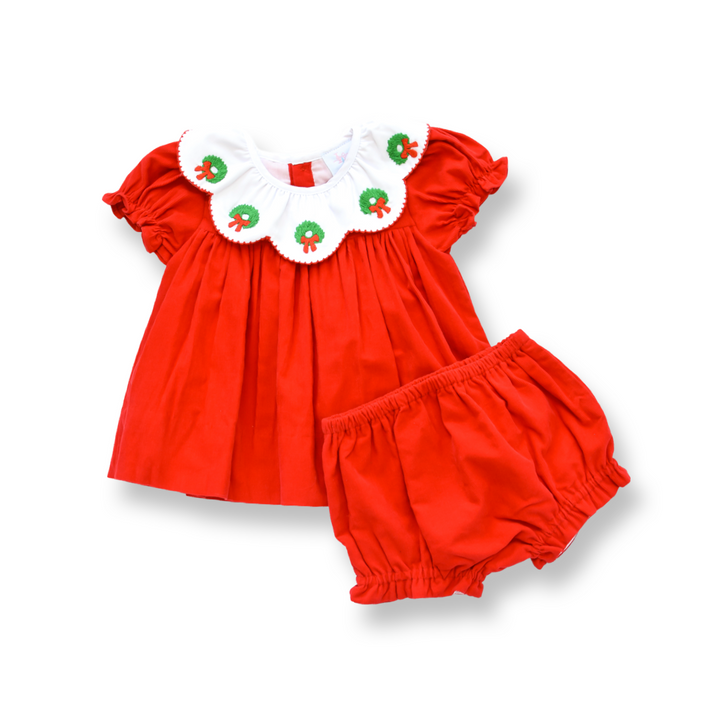 PRE-ORDER Girls Red Christmas Wreath Diaper Set with Scallop Collar