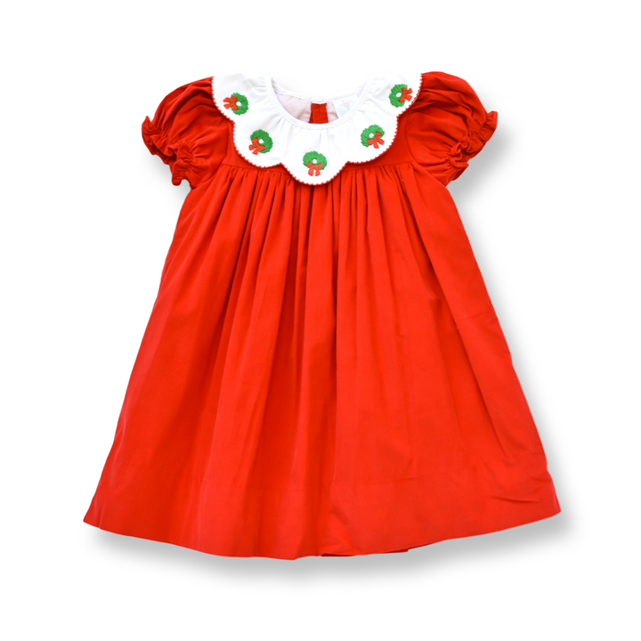 PRE-ORDER Girls Red Christmas Wreath Dress with Scallop Collar