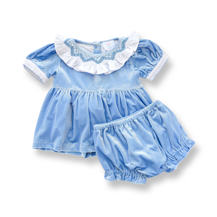Blue Velvet Christmas Smocked Diaper Set