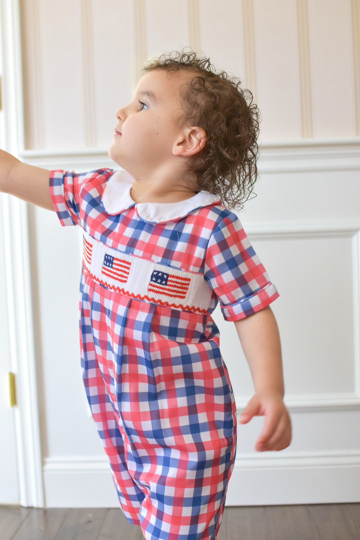 PRE-ORDER Red White Blue Gingham Patriotic Flag Smocked Boy Shortall
