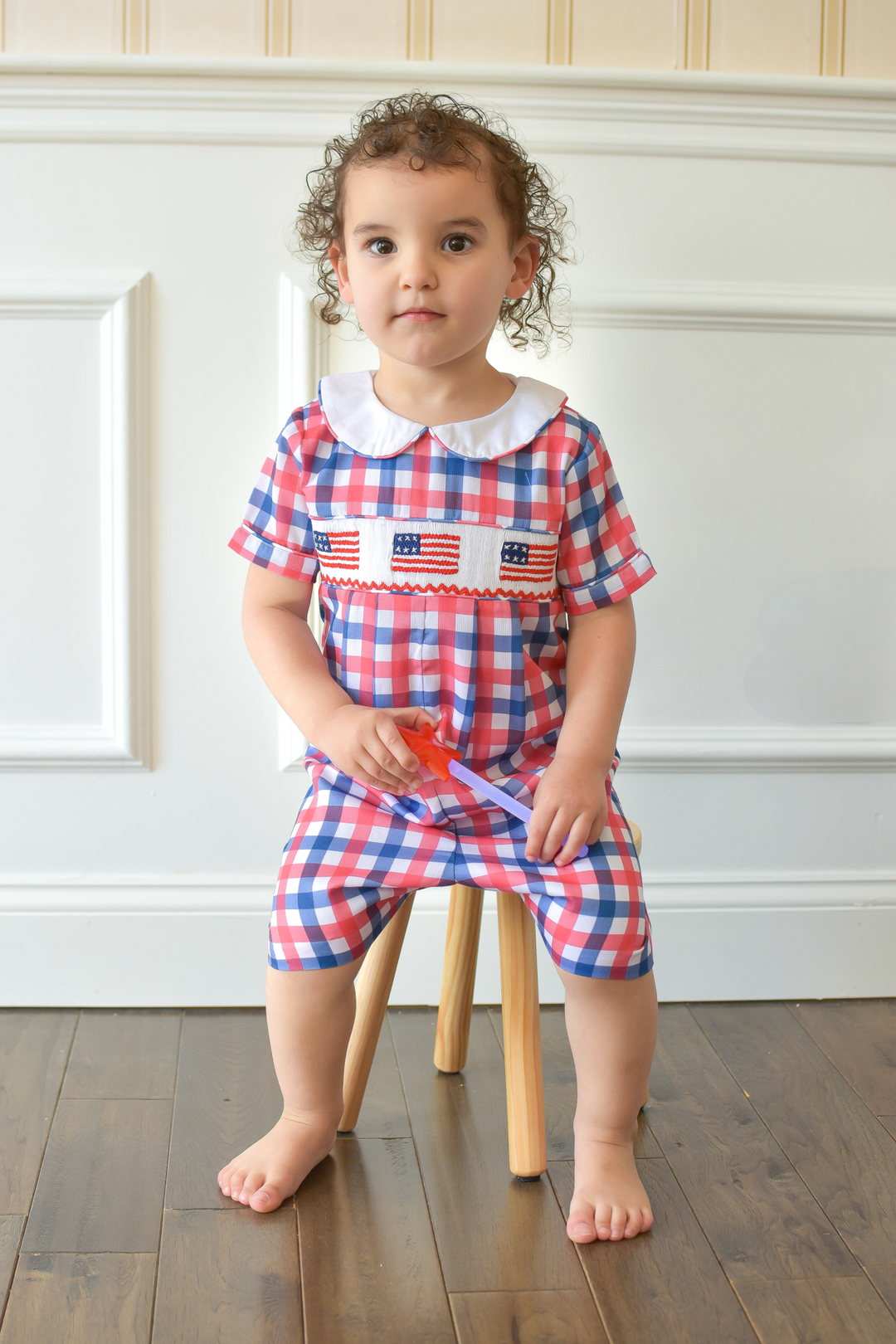 PRE-ORDER Red White Blue Gingham Patriotic Flag Smocked Boy Shortall