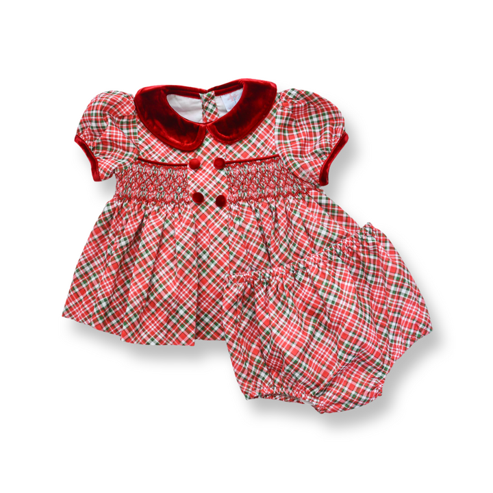 PRE-ORDER Girls Christmas Plaid Smocked Diaper Set with Burgundy Trim