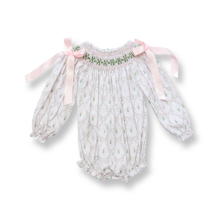 PRE-ORDER Girls Lattice Ribbon Smocked Bubble with Pink Bows
