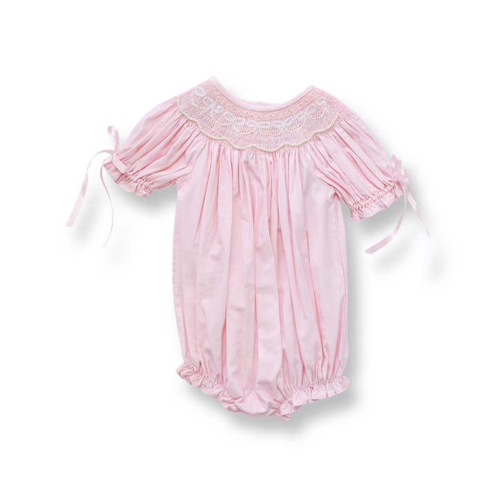 PRE-ORDER Girls Pink Bow Smocked Bubble with Pearls