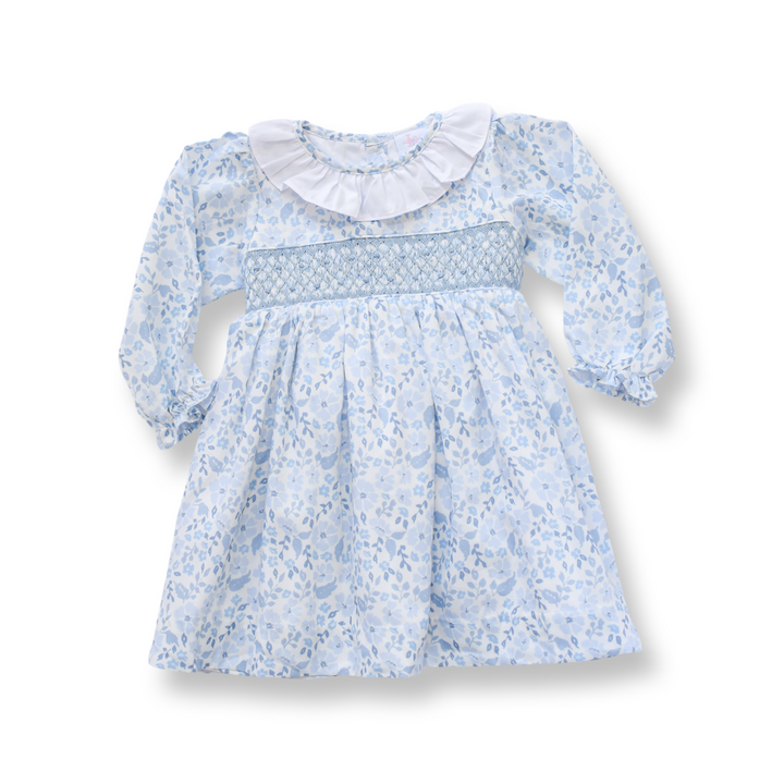 PRE-ORDER Blue Long Sleeve Floral Smocked Dress with Bow