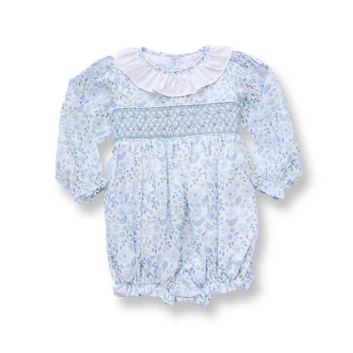 PRE-ORDER Girls Blue Long Sleeve Floral Smocked Bubble with Bow