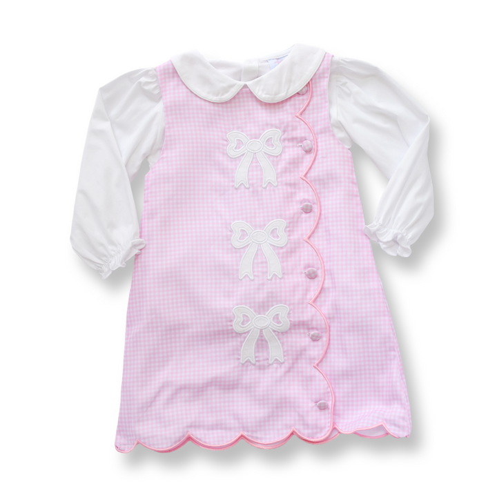 PRE-ORDER Girls Pink Gingham Bow Scalloped Dress Set