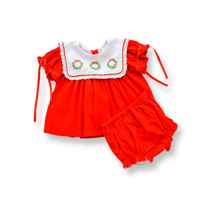 PRE-ORDER Girls Heirloom Red Corduroy Smocked Wreath Diaper Set