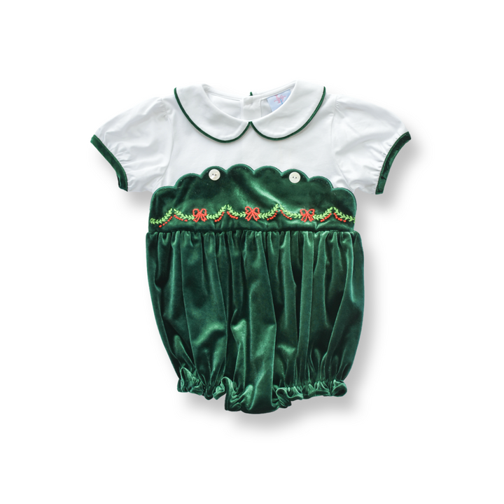 PRE-ORDER Girls Green Velvet Scallop Trim Bubble