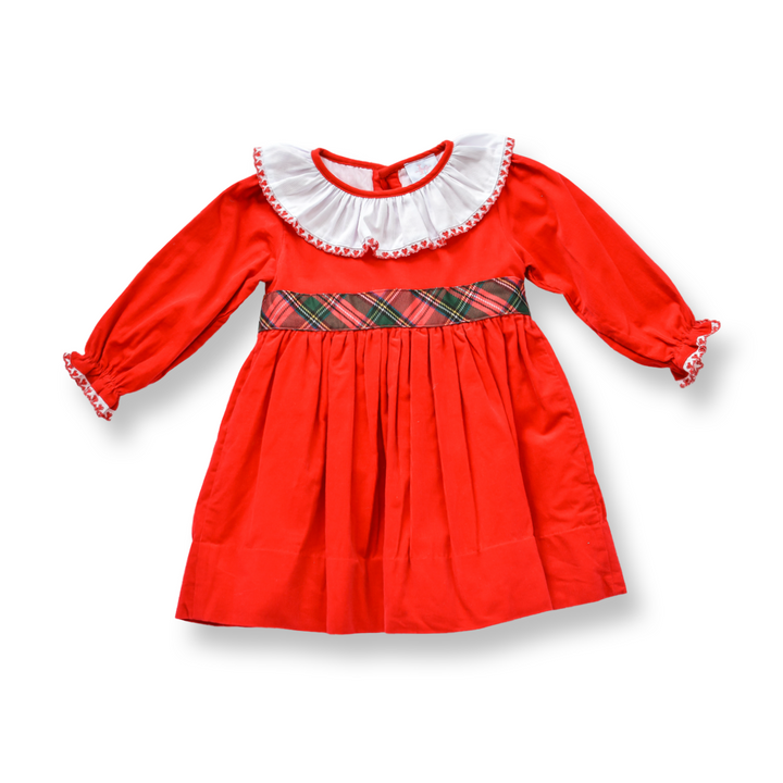 PRE-ORDER Girls Red Corduroy Christmas Dress with Tartan Bow