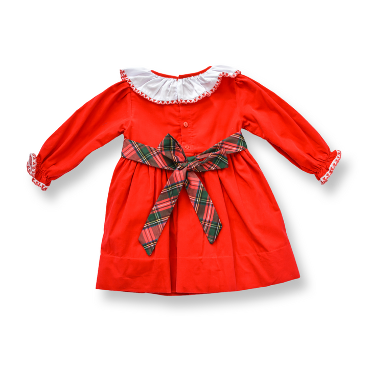 PRE-ORDER Girls Red Corduroy Christmas Dress with Tartan Bow