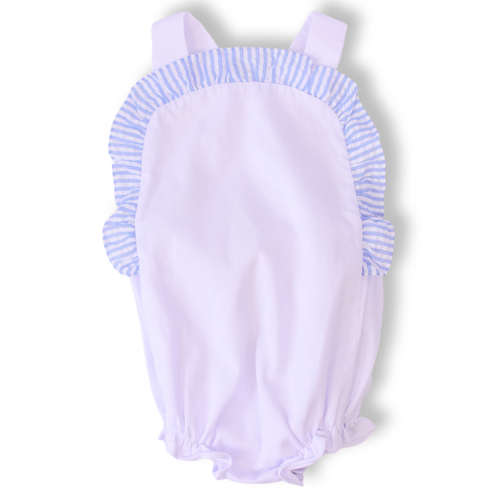 Blue Seersucker Ruffle Bubble with Bow Back