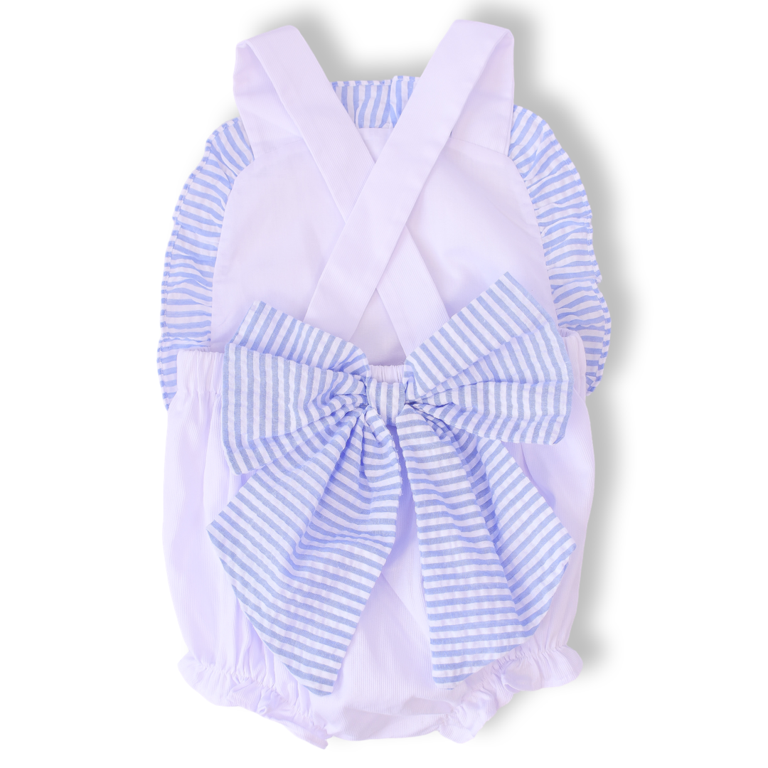 Blue Seersucker Ruffle Bubble with Bow Back