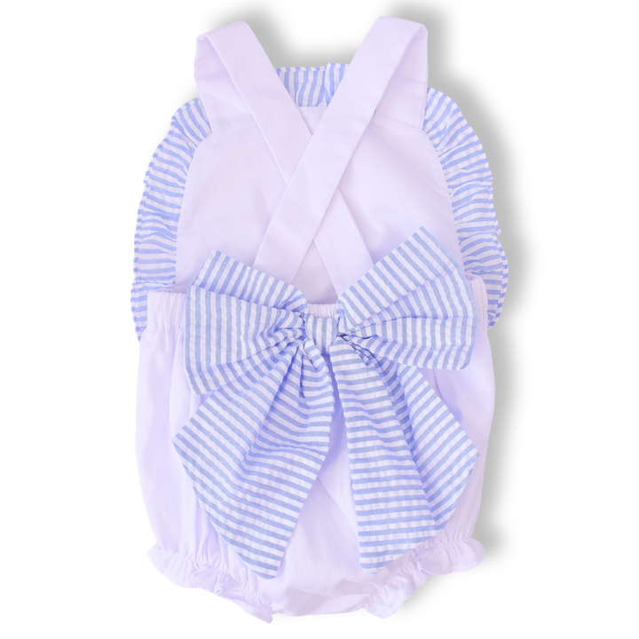 Blue Seersucker Ruffle Bubble with Bow Back