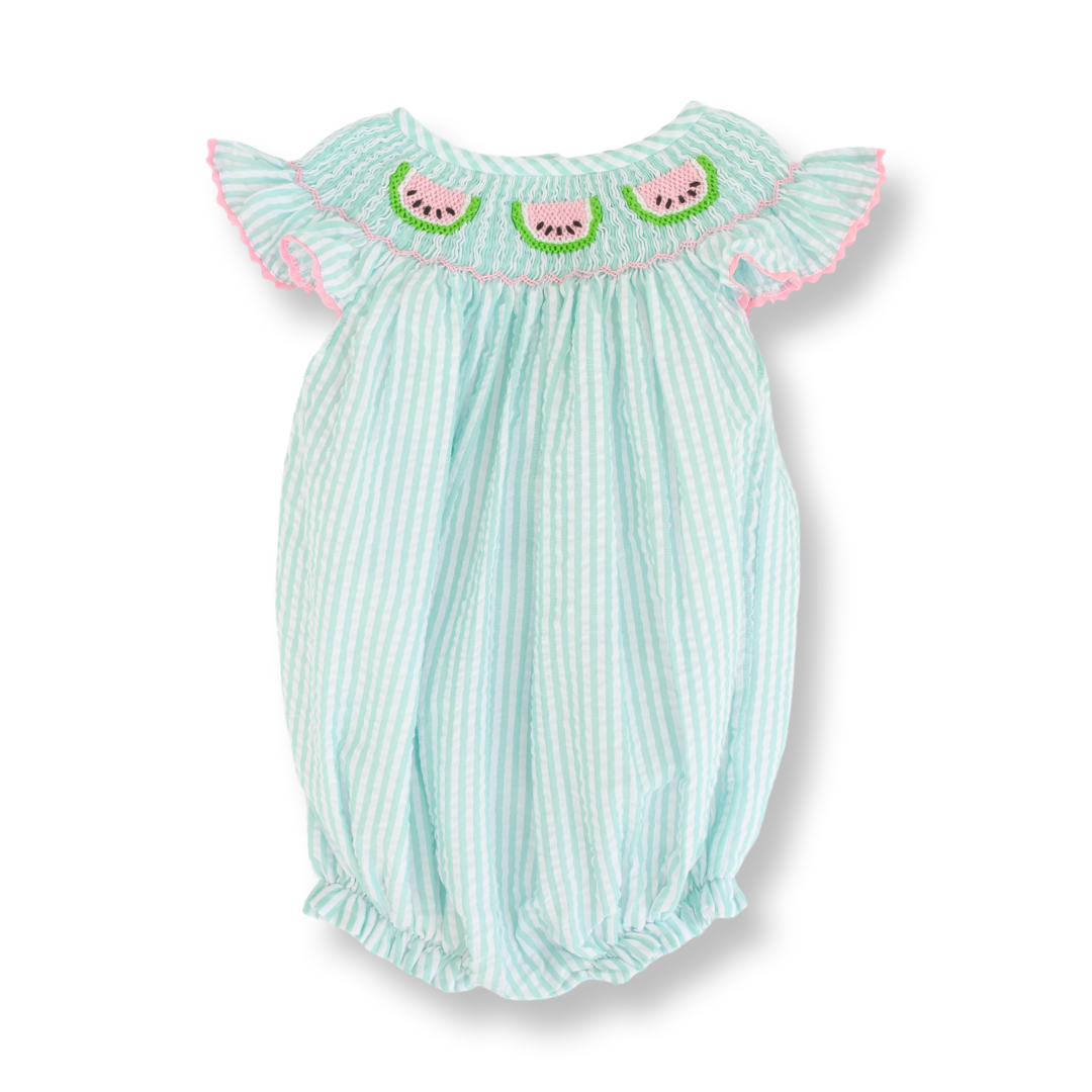 Green Seersucker Smocked Watermelon Bubble