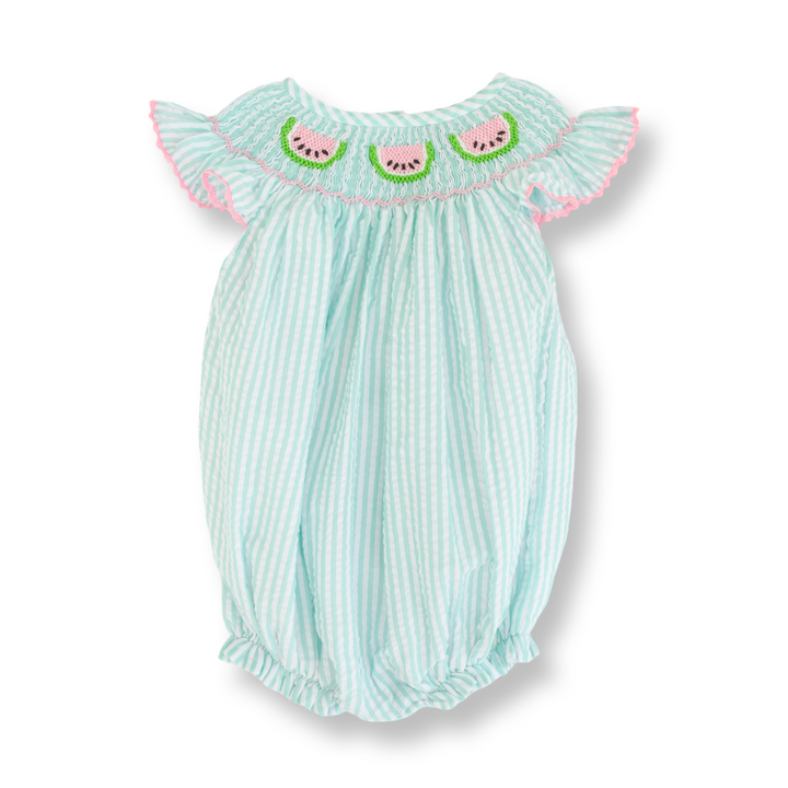 Green Seersucker Smocked Watermelon Bubble