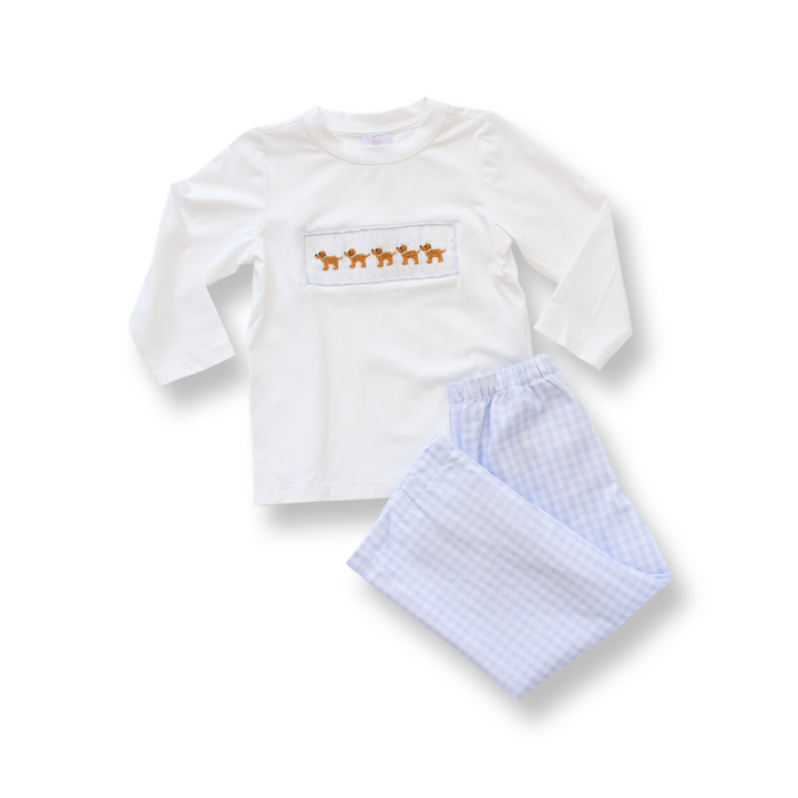 PRE-ORDER Boys Blue Gingham Puppy Smocked Pant Set