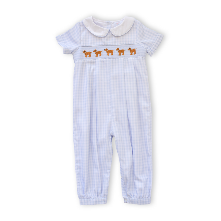 PRE-ORDER Boys Blue Gingham Puppy Smocked Romper