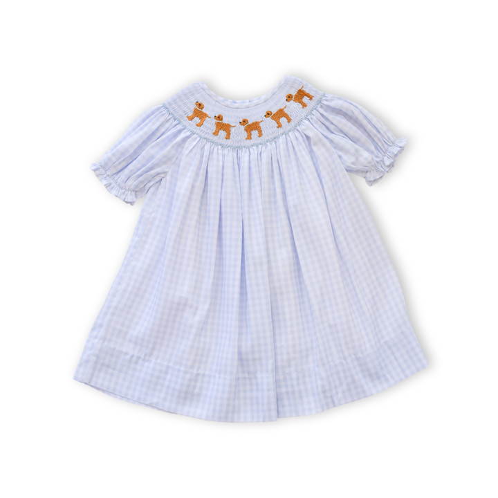 PRE-ORDER Girls Blue Gingham Puppy Smocked Dress
