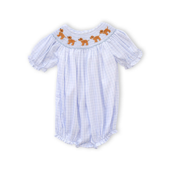 PRE-ORDER Girls Blue Gingham Puppy Smocked Bubble